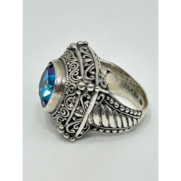 Mystic Blue Quartz Ring Size 5 Sterling Silver Ornate Raised Stone Silver 925 - Picture 2 of 10